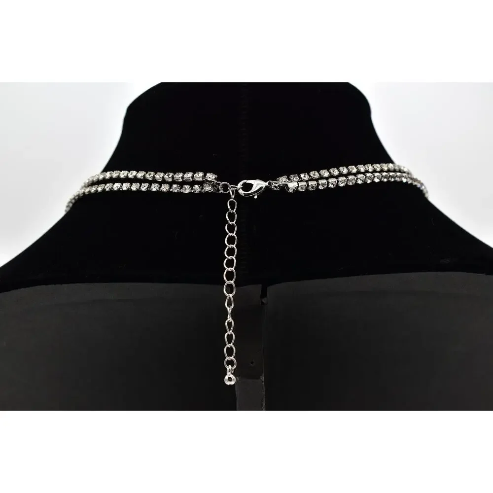 Vintage Rhinestone Crystal Multi-Chain Necklace Sparkling Silver Tone Y2K BinBL